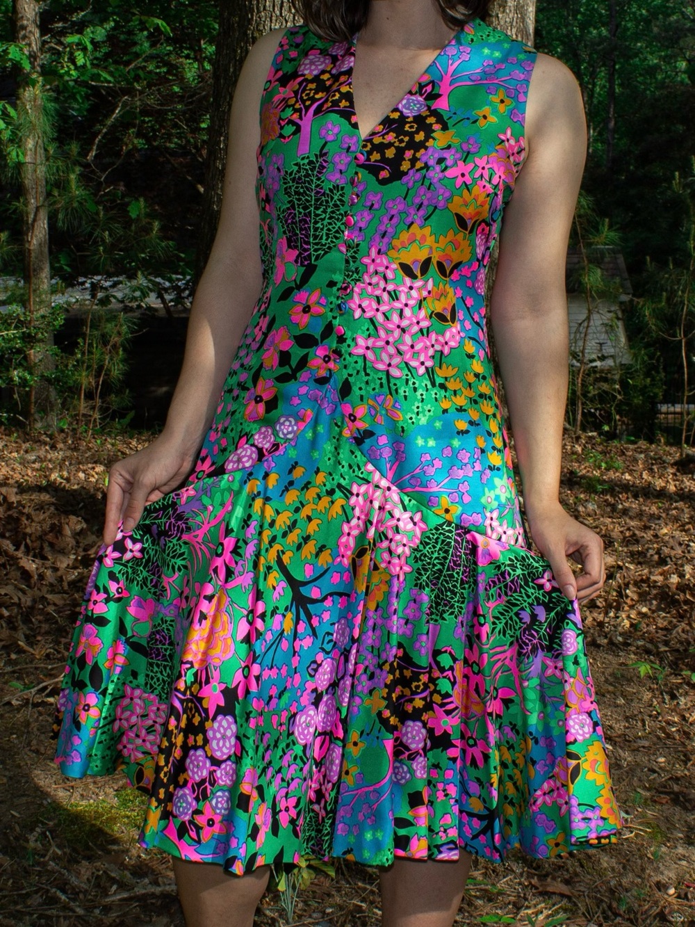 Green Floral V-Neck Fit-and-Flare Dress